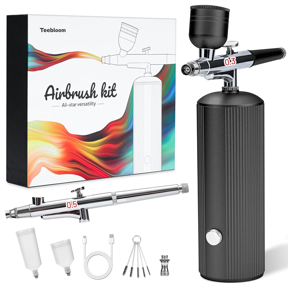 Airbrush Kit with Compressor - Auto Handheld Cordless Airbrush with 0.3mm and 0.5mm Tip Interchangeable for Painting, Tattoo, Nail Art, Model Coloring, Makeup, Cake